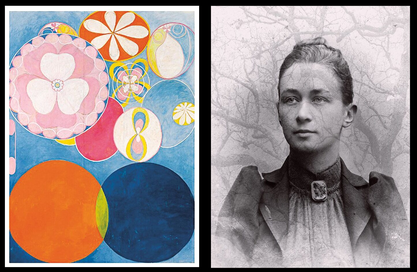 2 immagini. dx hilma Af Klint e sx una delle sue opere maggiori.
