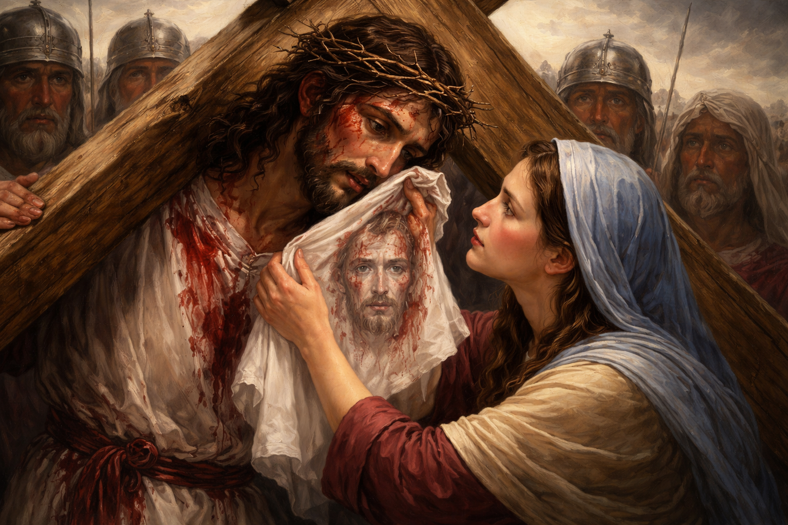 immagine IA della via crucis, la veronica asciuga il volto di cristo.