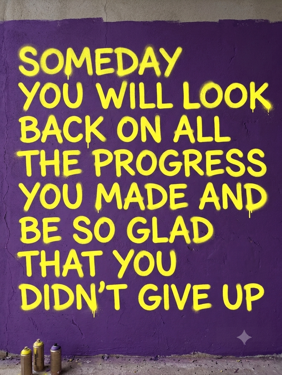 immagine di una scritta in giallo sul muro viola: someday you will look back on all the progress you made and be so glad that you didn't give up